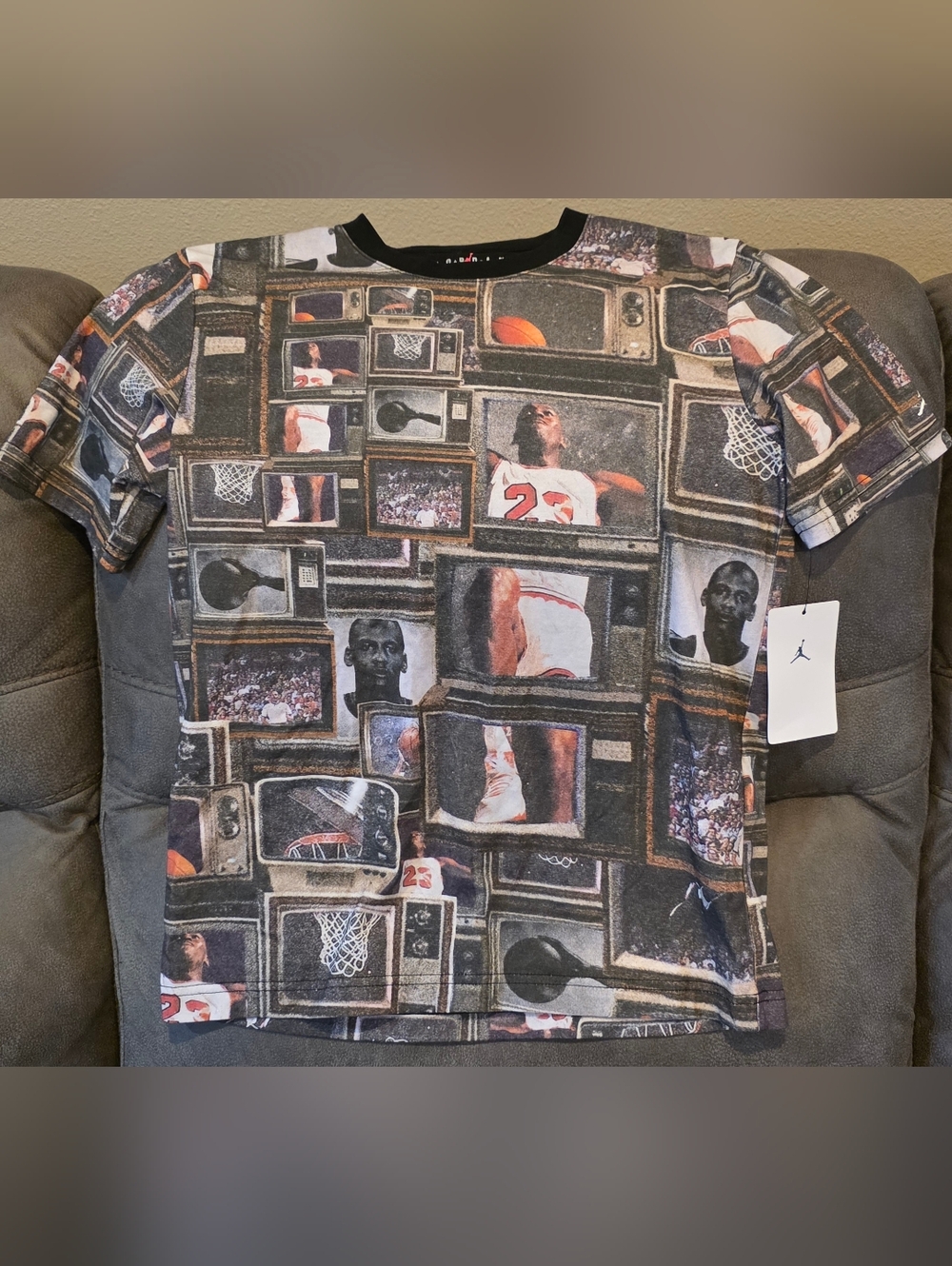 Jordan Boys Multi-Color Graphic Tee - Black, White, Red. Size LRG.
